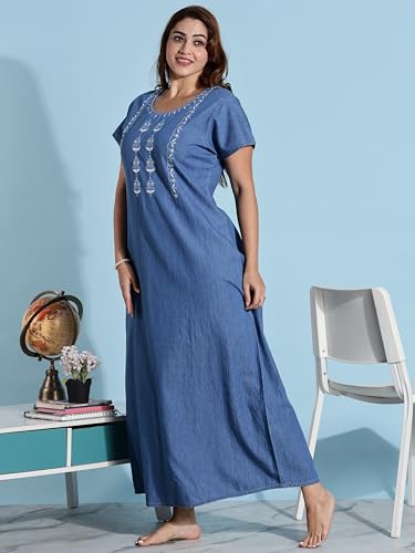 Image of 9shines Label Stylish Denim Cotton Nighty Maxi for Women | Full Length Trendy Nightgown | Premium Nightdress | Nightwear | Embroidery Nighty with Pocket (9SDS)