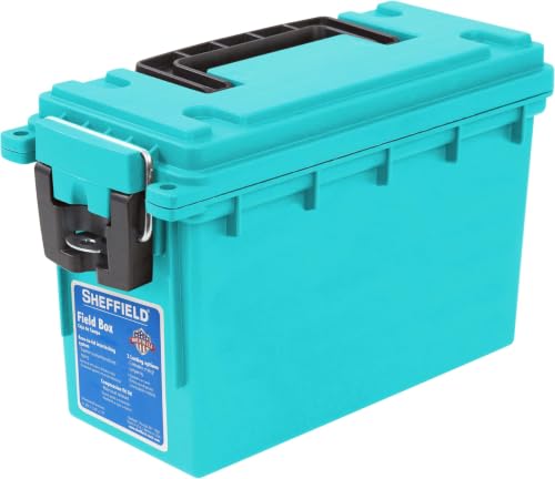 Image of Sheffield 12633 Ammo Storage Box, Stackable .30 Cal Field Boxes, Water and Dust Resistant, Lockable Storage Box with Handle, Secures Hunting Gear, Supplies, and Bullets, Made in USA, Teal,(Pack of 6)