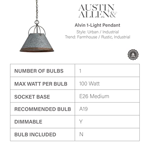 Austin Allen 9E363A Alvin Urban/Industrial Metal Dome Pendant Lighting Fixture 1-Light 100 Watt, 12" H X 14" W, Antique Galvanized #TOP2