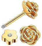 Enticera 14k Gold Plated Handmade Flower Flat Back Earrings Screw Back Cartilage Earrings Studs Hypoallergenic Nap Earrings Women Helix Piercing Gold
