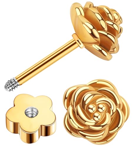Enticera 14k Gold Plated Handmade Flower Flat Back Earrings Screw Back Cartilage Earrings Studs Hypoallergenic Nap Earrings Women Helix Piercing Gold