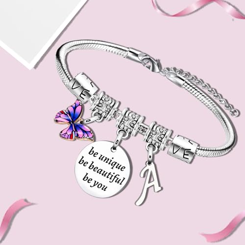 YEEQIN Inspirational Gifts Initial Bracelets For Women Friends Butterfly Bracelets Charm Bracelets For Sister Daughter Granddaughter 26 Letters Alphabet Bracelets (A)