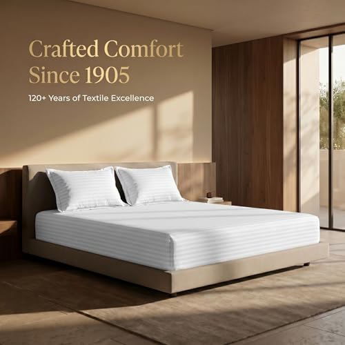 Image of Mafatlal Italian Strip King Size Bed Sheet with 2 Pillow Covers Pure Cotton | 210 TC Flat Bedsheet White | 108 x 108 Inches| Luxury & Breathable Fabric