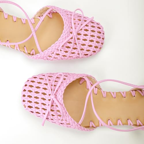 Image of Woven Ballet Flats for Women Lace Up Closed Square Toe Summer Sandals Dressy Shoes