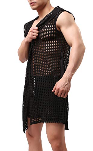 Linemoon Mens Sexy See Through Towel Bath Robe Hooded Mesh Transparent Black Bathrobe, Large #TOP3