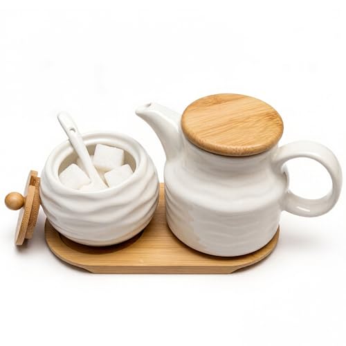 Ceramic Sugar and Creamer Container Set,12oz Cream Pitcher and 7.5oz Porcelain Sugar Bowl with Lid,Coffee Serving Set,Coffee Creamer and Sugar Set,Farmhouse Kitchen Home Cafe