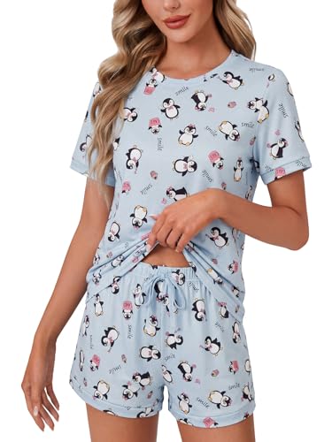 Image of LYANER Pajama Set for Women 2 Piece Lounge Set Striped Crew neck Short Sleeve Tops and Shorts Soft Sleepwear