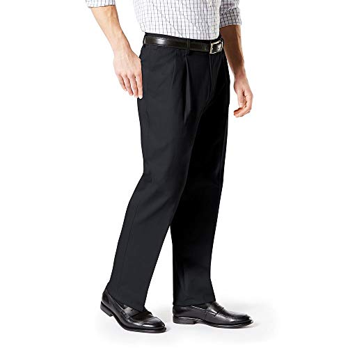 Dockers Men's Classic Fit Signature Khaki Lux Cotton Stretch Pants-Pleated (Regular and Big & Tall), Black, 44W x 30L2