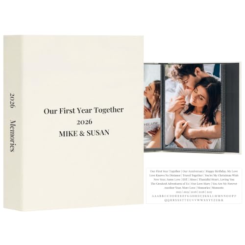 Vienrose 4x6 Couples Photo Album Small Slip-In Photo Album with 52 Pockets Fabric Cover Photo Book Acid-Free Inner Pages DIY Custom Cover with Couple-themed Crystal Stickers Beige