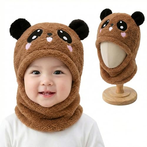 Image of Kraptick Winter Kids Monkey Cap - Cute Panda Plush Balaclava Hat with Neck Warmer Scarf Soft Woolen Fleece Lined Windproof Earflap Hood for Babies -3
