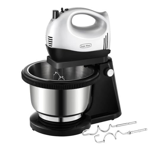 Hand and Stand Mixer Electric Set for Baking, Lightweight Mixer with Stainless Steel Bowl, 5 Speed 300W Motor with Turbo Function, 2 Beaters, 2 Hooks. Silver and Black, Eject Easily, S3A