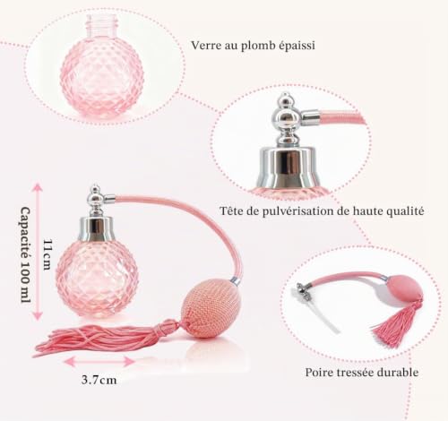 Parfumlism 1 flacon vaporisateur de parfum de 100 ml, rechargeable vintage en verre de couleur dégradée avec pompon long, accessoires professionnels pour eau de brume continue (rose) – vue 2