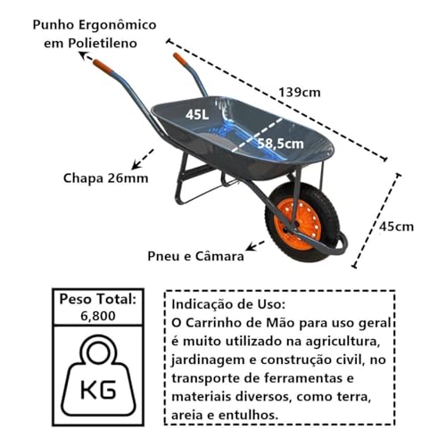 Carrinho de Mão em Aço Carbono Pneu e Câmara Chapa 26mm 45L