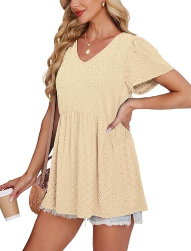 Image of OFEEFAN Womens Summer Tops Babydoll Short Sleeve Shirts Puff Sleeve Peplum Tops V Neck T Shirts