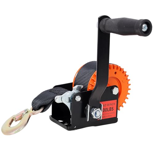 600LBS Portable Manual Hand Crank Winch: 19.6FT Durable Black Strap, 3.1:1 Gear, Two-Way Ratchet - Great as Boat Accessories, ATV Winch & Trailer Winches for All Towing Needs