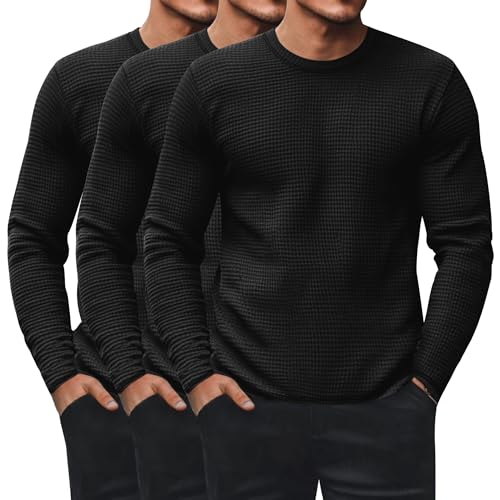 Ficerd 3 Pack Men's Waffle Long Sleeve Shirts, Crew Neck Thermal Underwear Tops Casual Pullover Sweaters Knit Undershirts