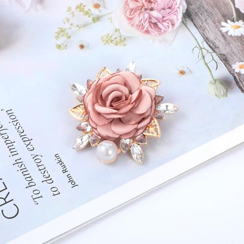 Image of Yuanchu Elegant Rose Flower Brooch Pin, Small Crystal Rhinestone Brooch Pin Dainty Cloth Rose Brooch Pin for Bride Wedding(Pink)