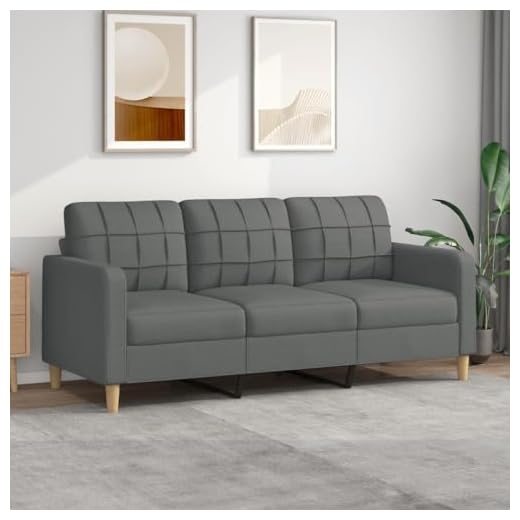 Festnight Sofá de 3 Plazas con Respaldo y Cojines Acolchados Patas de Madera Sofá de Salon de Tela Sintético para Dormitorio Oficina 180 cm Gris Oscuro