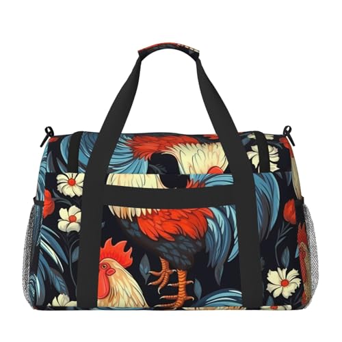 Rooster Flower Duffle Bag for Travel farm Chick Sports Gym Tote Carry On Bag Large Shoulder Weekend Overnight for Workout2