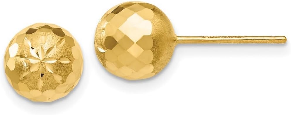 14k Yellow Gold Polished and satin 7mm Sparkle-Cut Mirror Ball Post Earrings 8x8mm Wide Ball Earring for Women