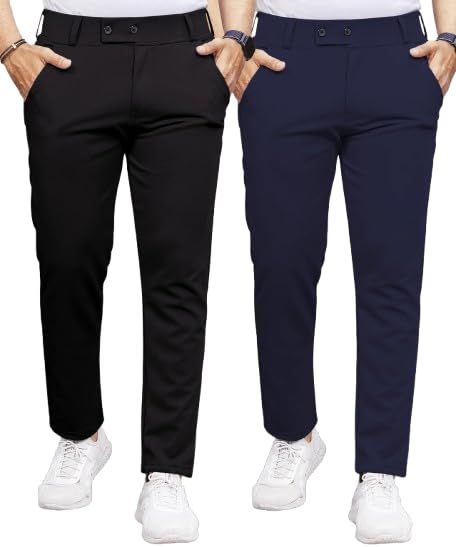 Image of Men's Slim Fit Lycra Formal Trousers Combo | Stretchable Smart Casual Pants for Office Wear | Mid-Rise Flat Front Stylish Chinos