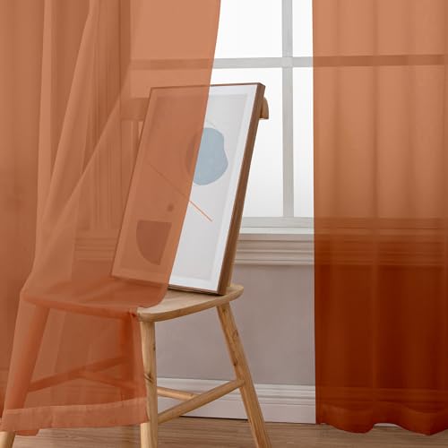 Image of Simplebrand Orange Sheer Curtains 96 Inches Long, Light Filtering Rod Pocket Solid Color Window Sheer Curtain Panels, Elegant Curtains & Drapes for Living Room, Bedroom 2 Panels, 42 inch W x 96 inch L