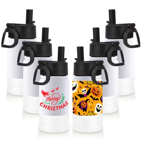 Volhoply 14oz Kids Water Bottle with Straw Lid and Silicone Boot Bulk 6 Pack Stainless Steel Insulated Cup for Boys & Girls Multipack Double Wall Vacuum Leakproof bottles(Sublimation 6)