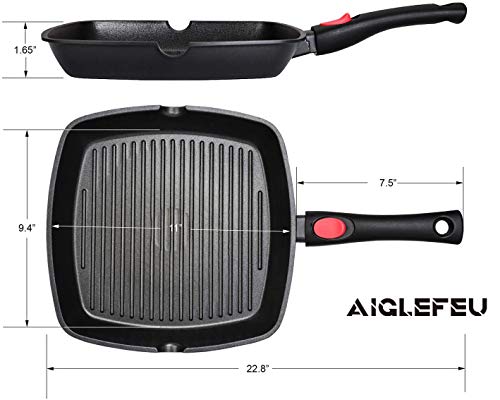 Foto von AIGLEFEU 28x28 cm Grillpfanne Induktion mit Ausguss und Abnehmbarem Griff, Alle Herdarten, Antihaft Aluminiumguss Steakpfanne, kann auf Einer Induktionsbasis von weniger als Ø 17,9 cm verwendet Werden