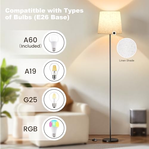 SIBRILLE LED Leselampe Stehlampe, 9W Stehlampe mit Fernbedienung&Fußschalter, 3000K-6000K Deckenfluter LED Stehleuchte für Wohnzimmer Schlafzimmer Büro,Höhe 159cm mit Leinen-Lampenschirm&LED-Lampen
