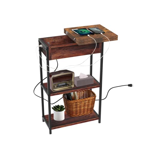 R RUISHENG End Table with Charging Station, Flip Top Side Table with USB Ports and Outlets, Tall Narrow Nightstand Bedside Table Wooden Storage Shelves for Bedroom, Office 29.5''H