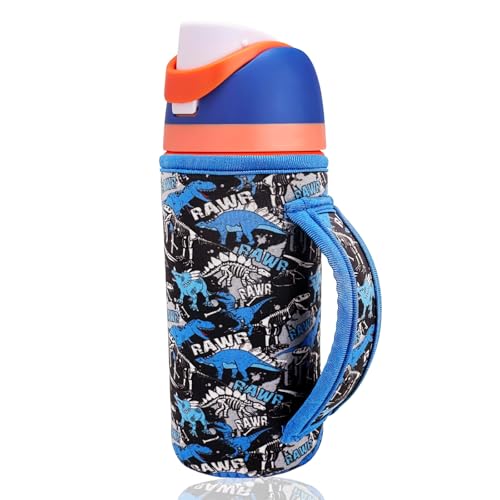 16 oz Cute Printed Sleeve Compatible for Owala Kids FreeSip Neoprene Water Bottle Compatible with Owala 16 Ounces Protective Cover With Handle Designed for Boys Girls Travel School（Dinosaur）