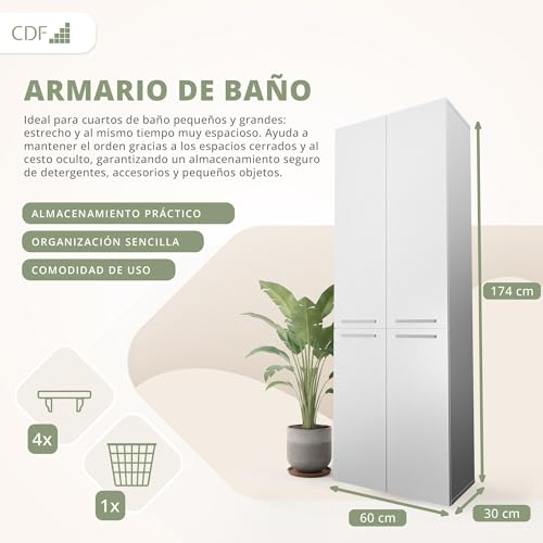 CDF Armario de Baño con 1 Cesto Ropa Sucia, Armario Alto, Bolsa de Ropa Extraíble con Asas Compartimento con Puerta 30 x 60 x 174 cm Bianco Montaje Sencillo - imagen 3