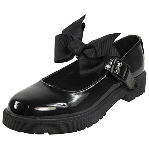 LoudLook Ladies Patent Grip Faux Leather Bow Buckle Comfy School Casual School Work Shoes Sizes Black 3