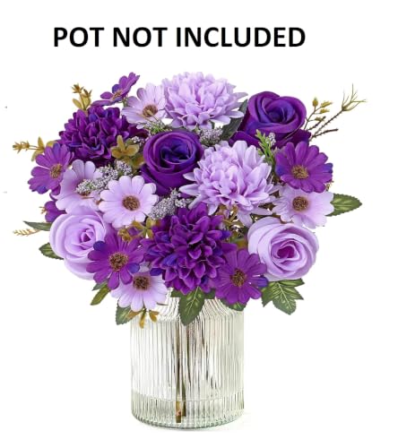 Image of Artificial Flower Bouquet for Home Decoration - 2 Pcs Faux Rose & Daisy Bouquet (Without Pot) Artificial Flowers for Living Room, Bedroom, Office, Vase Decoration (Purple)