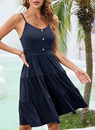Image of YATHON Sundresses for Women Casual Summer Beach Sleeveless Spaghetti Strap Dress Button Down Ruffle Flowy Pleated Dresses