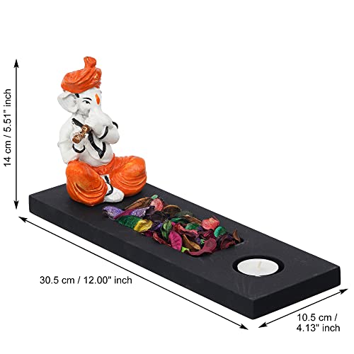Image of eCraftIndia Orange White Resin Lord Ganesha Idol Playing Flute Showpiece Potpourri Rectangle Tea Light Candle Holder| Ganpati Murti Tea Light Holder Diwali Decoration Items for Home Decor| Diwali Gift