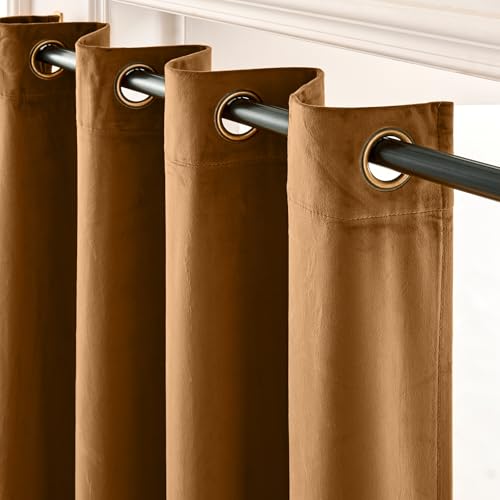 Image of Blackout Golden Brown Velvet Curtains Grommet 52x90 Inch 2 Panels | Soft Velvet, For Bedroom & Living Space, Light Shifting Texture, Elegant Luxury Drape, Rich