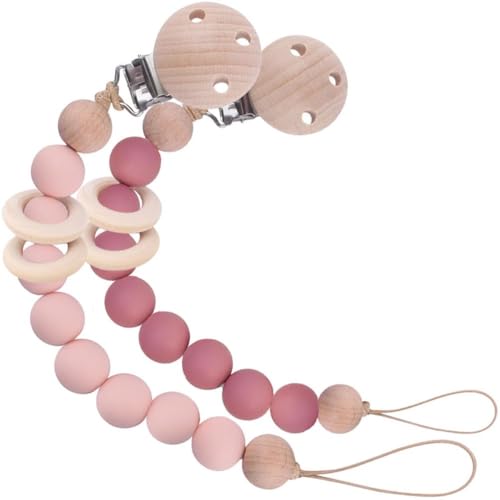 Image of 2Pcs Silicone Pacifier Clip with Natural Wooden Rings, Pink and Rose Baby Pacifier Holder Binky Clips for Baby Girl (Pink)