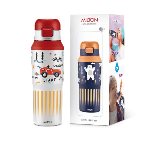 Image of Milton Steel Helio 600 Thermoware Water Bottle 520 ml with One Touch Safety Lock & Twin Lid Sip or Gulp, Long Hours Hot & Cold, Leak Proof, ISI Certified, PU Insulated, for Kids, School, Red