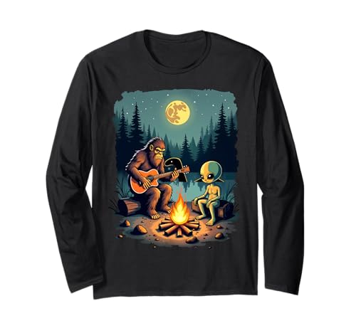 Alien and Bigfoot Campfire Sasquatch Guitarra Loch Ness Manga Larga