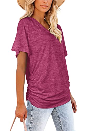 Image of WIHOLL Womens Summer T-Shirts Short Sleeve V Neck Dolman Tops with Side Shirring Loose Fit Shirts Spring Fashion