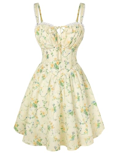 Womens Floral Corset Dress Summer Mini Sundresses Yellow Green Floral XL