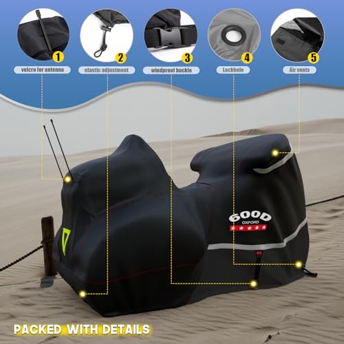 Image of Motorcycle Cover with Side+Top Box Heavy Duty 600D Waterproof for Touring Models Harley Davidson Ultra Limited,Road Glide Limited, Gold Wing,Road Master,Indoor & Outdoor Storage Black