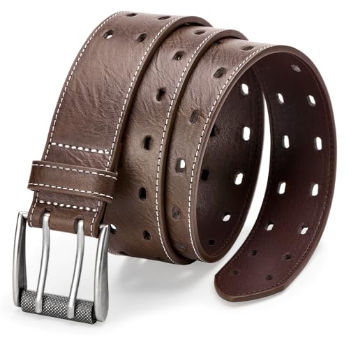 Men's Punk Classic Double-Prong Genuine Leather Belt with Heavy-Duty Rivets for Jeans and Pants - Fashionable Black