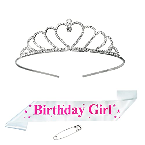 Image of DECOFY Birthday Sash & Crown Set | Princess Queen Tiara Taj Hairband for Kids Girls Women | 3 Pc Party Dress Up Set with Pin | Birthday Celebration Accessories | Elegant Royal Fancy Gift S