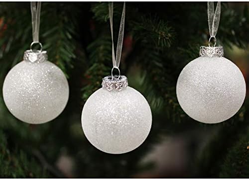 Sleetly Glitter Snowballs White Christmas Balls Ornaments for Tree Decorations, 2.36" with Ribbon Hangers