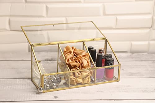 spaziomaker Collections Vintage Storage Box Jewellery Makeup Organiser with Clear Glass and Metal Rim 3 Compartments and Tapered Lid (Gold)