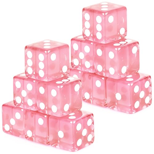 Adecortalk 12 Pcs 19 mm Casino Dice Acrylic Pink Translucent D6 Dice 6 Sided with Square w/Rounded Edge for Casino Craps Table Game Night Board Games Teaching Math Supplies