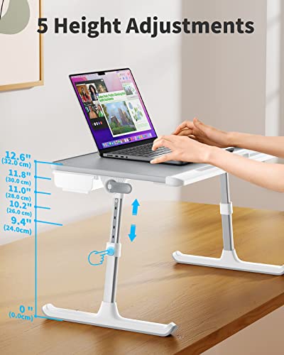 Laptop Bed Table, SAIJI 100% Eco-friendly wooden planks, Laptop Stand with Drawer, Folding Legs, 40kg Load, Angle Height Adjustable, Reading, Eating on Bed, Sofa (Grey 23.6 * 12.6in)