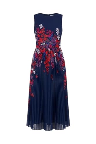 Yumi Women's Navy Border Floral Print Midi Dress W/ Pleats | Size: 18